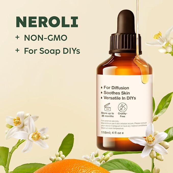 KUKKA Neroli Essential Oils - 4 Fl Oz - for Hair, Skin, Diffuser, Aromatherapy & DIY Soap Making Scent