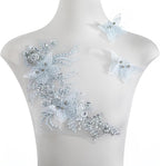 Flower Pearl Fabric Rhinestones Beaded Lace Applique,3D Butterfly Embroidered Lace Patch for Clothes,Dress (Light Blue)