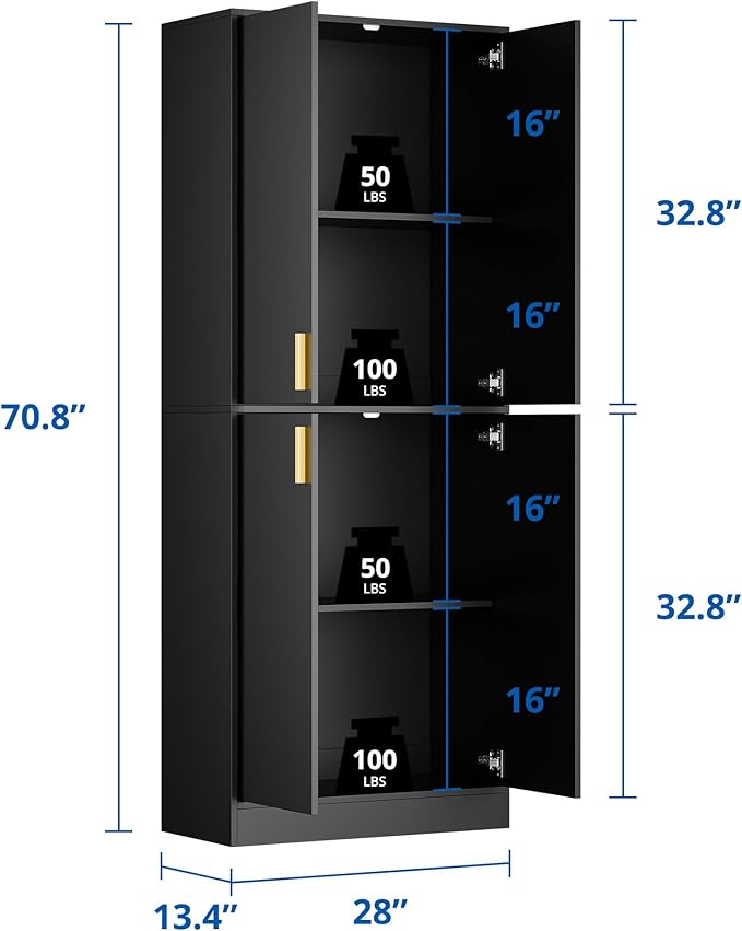 Cozy Castle Kitchen Pantry Cabinet, 71" Tall Wood Storage Cabinet with Doors and Shelves 4 Doors Freestanding Cupboard for Dining Room Living Room Bathroom Furniture, Black