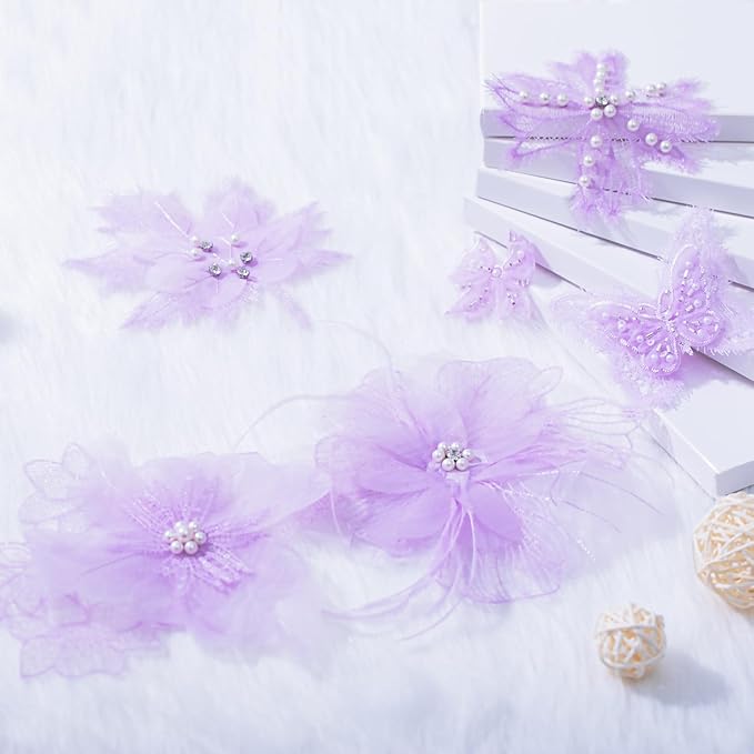 6 Pieces 3D Flower Lace Embroidery Butterflies Appliques Pearl Patches for Repairing and Decorating, Sewing Craft Clothing Jeans Jackets Bags (Purple)
