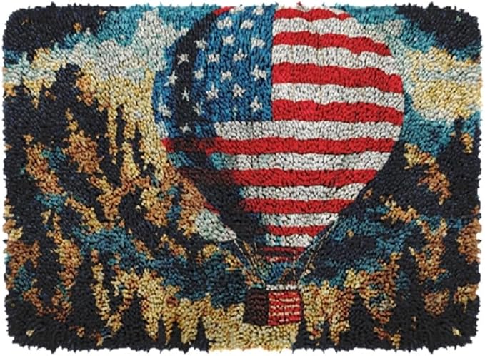 Latch Hook Kits for Kids DIY Rug Crochet Yarn Kits for Adults Tapestry Kits Home Decor Kits with America Flag Printed Needlework Doormat Creative Gift Home Decoration 20 X 15 Inch (Hot Air Balloon)