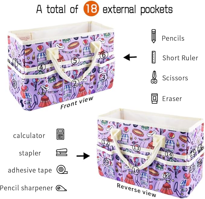 E-WEICHEN Craft Organizer Tote Bag Art Storage Caddy with Multiple Pockets Containers for Art,Craft,and Office Supplies Storage.Purple Circus