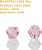 1200PCS 3mm Bicone Crystal Glass Beads for Jewelry Making, Sparkling Mini Beads for Suncatchers, DIY Bracelets & Craft Projects (Pink)