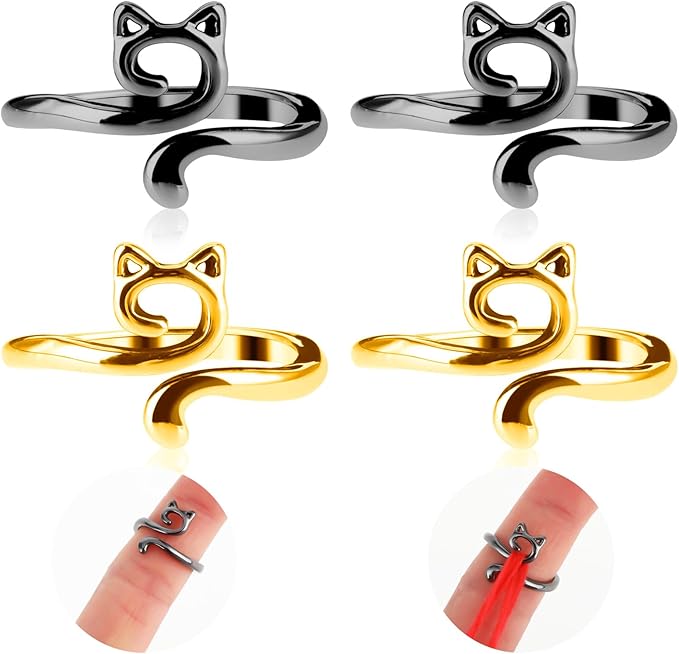YUXIANLB 4pcs Adjustable Crochet Tension Ring for Finger, Cat Shape Metal Open Guide Tension Ring for Crocheting, Crochet Loop Rings Braided Faster Knitting Thimbles Supplies for Women (2Black, 2Gold)