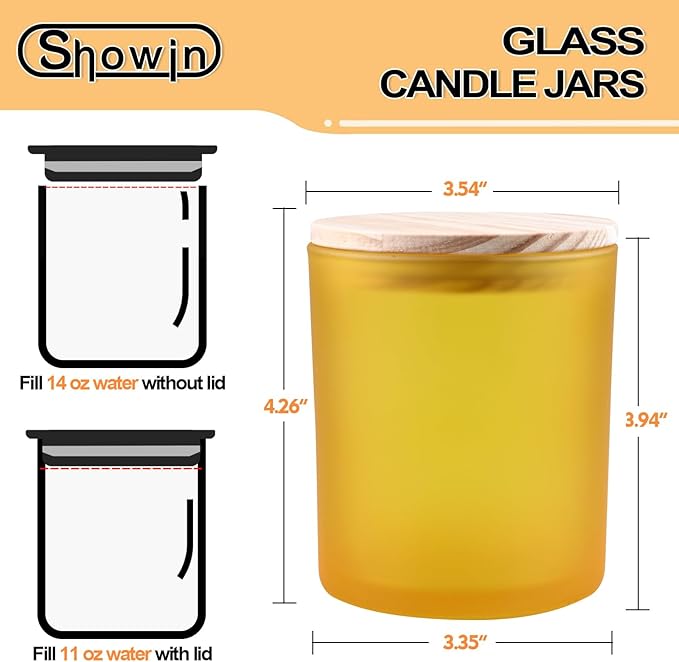 14 OZ Thick Candle Jars for Making Candles 12 Pcs, 3 Wick Empty Jars with Wood Lids for Candle Making, Sample Container, Frosted Yellow