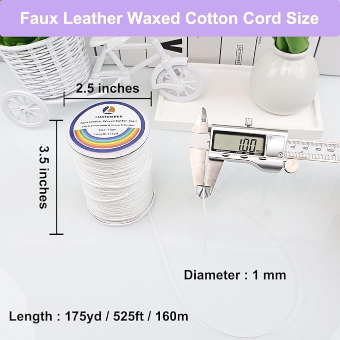 1mm Faux Leather Waxed Cotton Cord, 175 Yards – Durable Necklace String, Soft and Textured Cord for Necklaces, Bracelets, and Jewelry Making