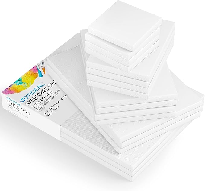 GOTIDEAL18Pcs Stretched Canvases for Painting Multi Pack 4x4, 5x7, 8x10,9x12, 11x14 Set, Primed White - 100% Cotton Artist Blank Canvas Boards for Painting, Acrylic Pouring,Oil Paint