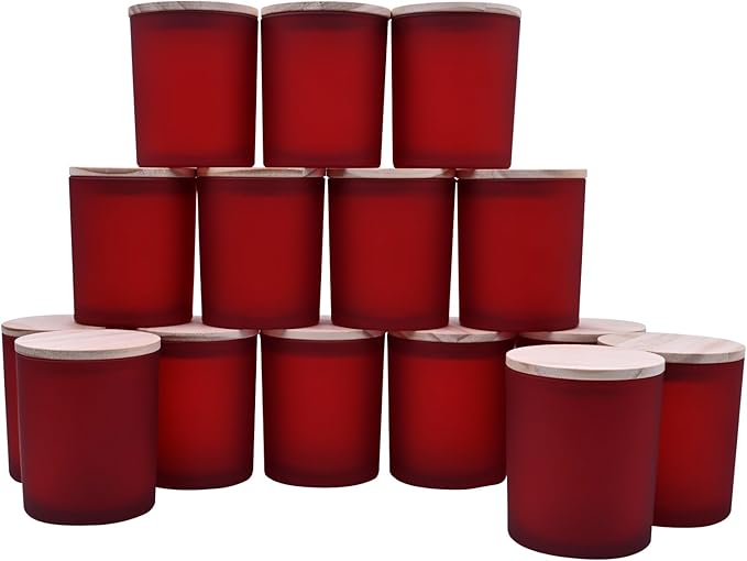 10 OZ Thick Candle Jars for Making Candles 15 Pcs, Empty Jars with Wood Lids for Candle Making, Sample Container, Frosted Red