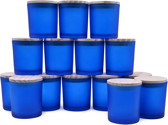 8 OZ Thick Candle Jars for Making Candles 15 Pcs, Empty Jars with Wood Lids for Candle Making, Sample Container, Frosted Blue