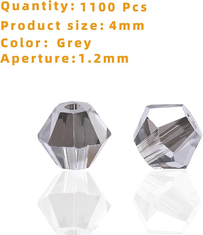 1100PCS 4mm Bicone Crystal Glass Beads for Jewelry Making, Sparkling Mini Beads for Suncatchers, DIY Bracelets & Craft Projects (Grey)