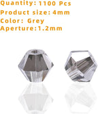 1100PCS 4mm Bicone Crystal Glass Beads for Jewelry Making, Sparkling Mini Beads for Suncatchers, DIY Bracelets & Craft Projects (Grey)