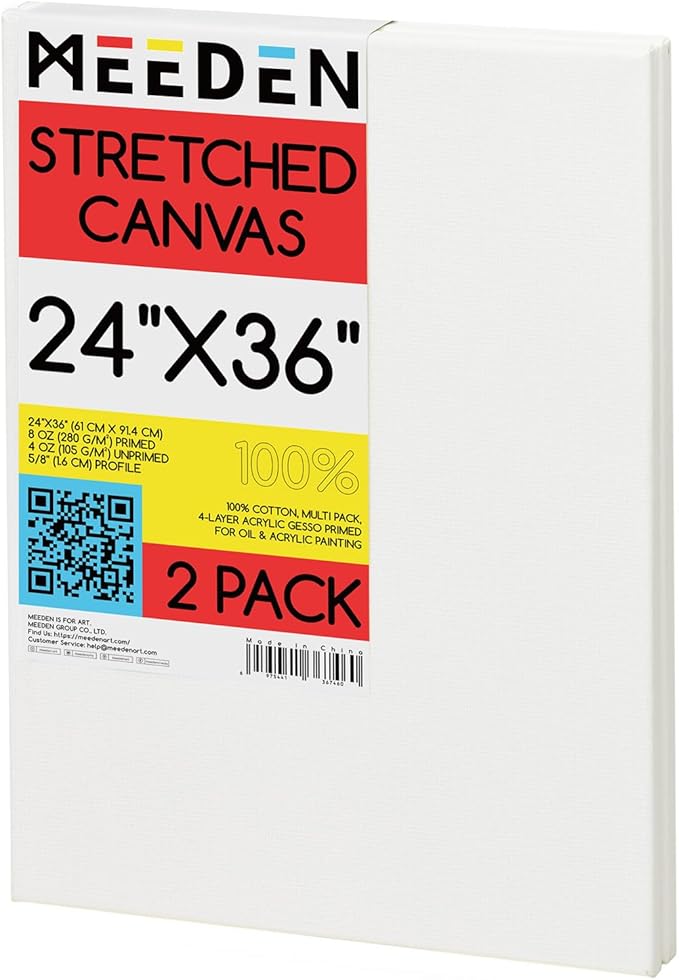MEEDEN Stretched Canvas, 24 × 36 Inch, Pack of 2, Blank White Canvases for Painting, 100% Cotton, 15 oz Gesso-Primed, Pre-Stretched Canvas for Acrylic Oil Pouring & Airbrushing Painting