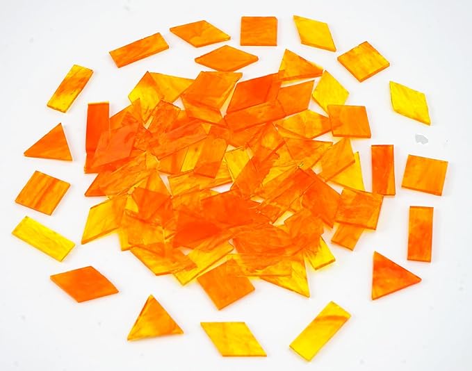Large Textured Transparent Glass Mosaic Tiles, 200G Vibrant 4 Shapes Stained Pieces for DIY Crafts Bulk, 70pcs for Art Decor, Pumpkin