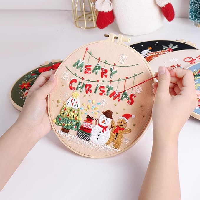 Konrisa Embroidery Kits Merry Christmas Pattern Embroidery Starter Kits for Adults Beginner DIY Sewing Needlepoint Cross Stitch Practice Kit Christmas Home Decoration Handmade Gifts