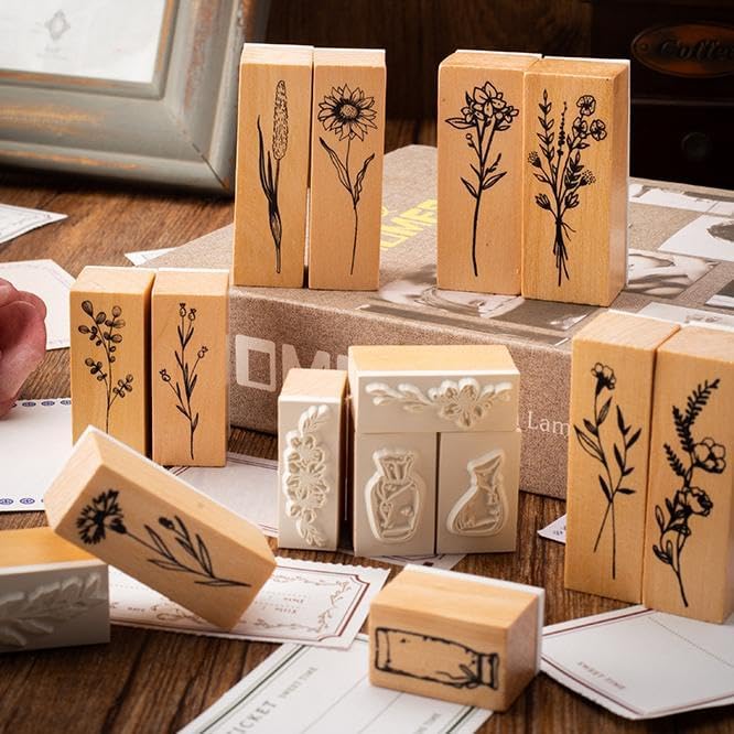 18 Pcs Stamps for Crafting, 2 Styles Plant Rubber Stamps for Crafting, Green and Black Ink Stamps, Wooden Flower
