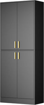 Cozy Castle Kitchen Pantry Cabinet, 71" Tall Wood Storage Cabinet with Doors and Shelves 4 Doors Freestanding Cupboard for Dining Room Living Room Bathroom Furniture, Black