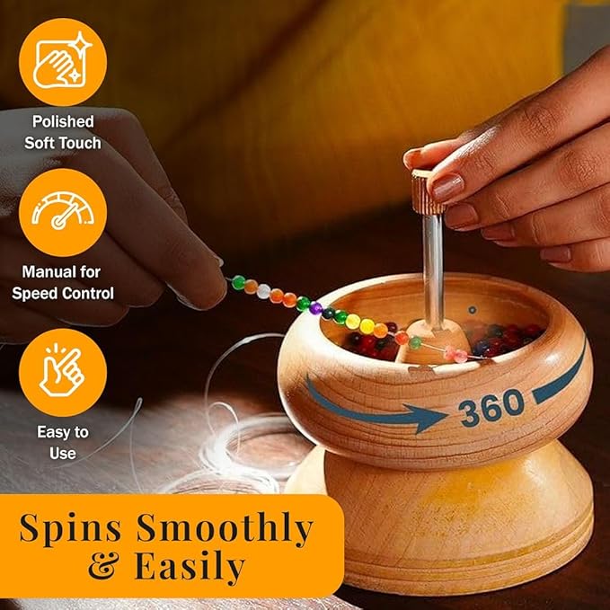 SHOP LC DELIVERING JOY Seed Bead Spinner for Jewelry Making Kit Clay Bead Spinner with Big Eye Beading Needle & 3mtr Wire - Necklace Bracelet Maker Wooden Birthday Gifts - Pinewood