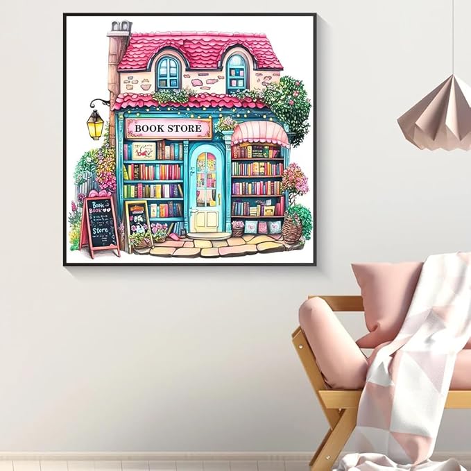 Pink Bookstore Diamond Painting Kits for Adults, 5D Diamond Art Painting by Numbers Kits, DIY Diamond Dots Art Kits, Full Round Drill Diamond Paintings for Adults for Home Wall Decor, 13.8x13.8 in