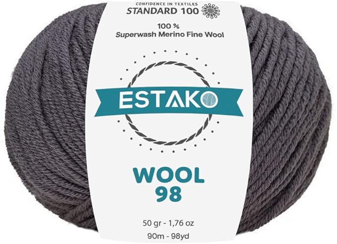 Estako Wool 98 100% Superwash Merino Wool Medium Worsted Weight Soft Knitting and Crochet Yarn 1.76 oz (50gr) 98 yds (90 m) (6357-Smokey Grey)