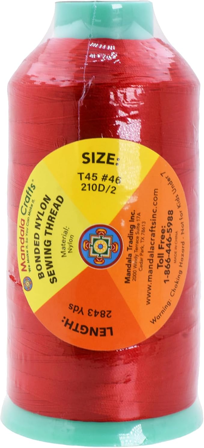 Mandala Crafts Bonded Nylon Thread Red Heavy Duty Sewing Threads - 2843 YDs Size 46 210D T45 Tex 45 Thread for Leather Jeans Weaving Outdoor Marine Upholstery Threads