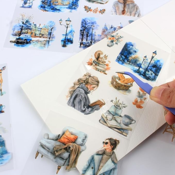 Winter Pre-Cut Journal Sticker Book for Junk Journaling, Transparent PET White Snow Landscape Stickers for Scrapbook Supplies, Scrapbooking, Collage, Planners, Bujo, 20 Sheets