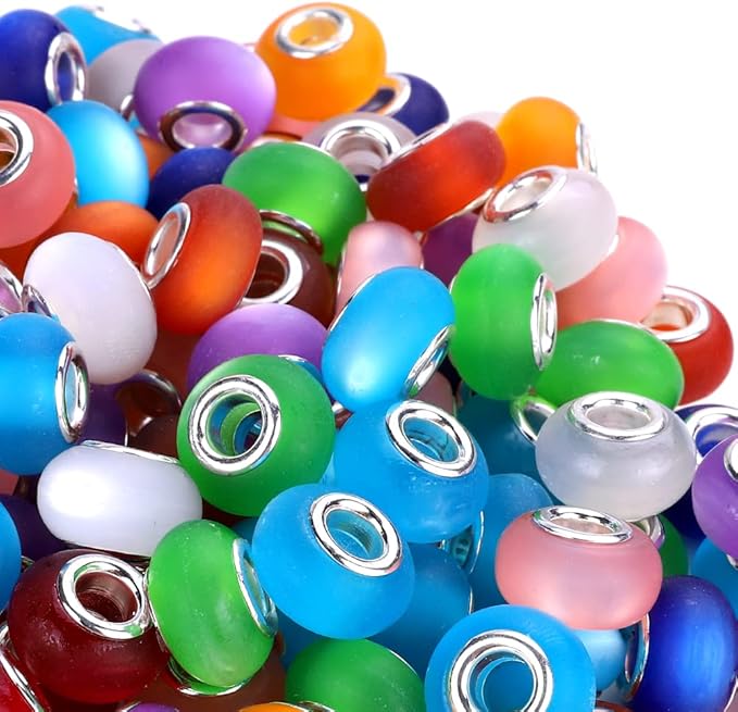 100 Pieces 14mm European Large Hole Spacer Beads Mix Color with Silver Brass Cores Assortments Charm Lampwork Beads Supplies for Necklace Bracelets Jewelry Making (Frosted cat Eye)