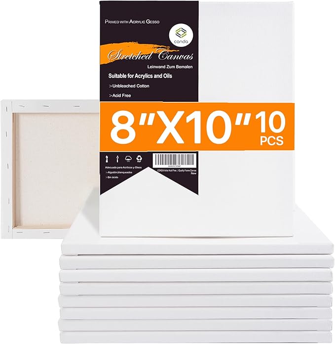 conda 8x10 inch Stretched Canvas for Painting, Pack of 10, 100% Cotton, 5/8 in Profile Blank Stretched Canvas Value Bulk Pack Art White Canvas for Acrylics, Oils Painting