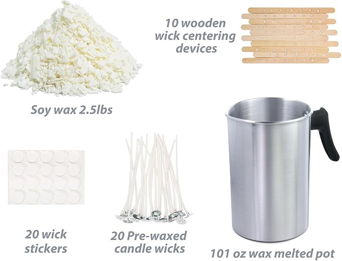 Candle Making Kit with Soy Wax Flakes, 2.5lb Candle Wax, 101oz Pouring Pitcher, Candle Wicks, Stickers, Centering Devices, Vegan Cruelty Free