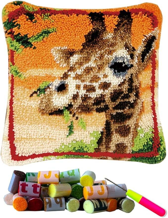DL-YTG Latch Hook Kits Pillow Giraffe Crochet Yarn Cushion Colour Printed Canvas Rug Needlework DIY Pillowcase Hook and Latch Kit Arts Crafts Christmas Home Sofa Decoration 42x42cm/16X16in