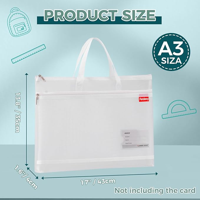 Pendancy Mesh Zipper Pouch A3 Size, Large Double Pocket Lightweight Nylon Transparent File Bag with Handle, 13x17 in Foldable Document Storage for Puzzle Project/Cross Stitch/Travel/Office (White)
