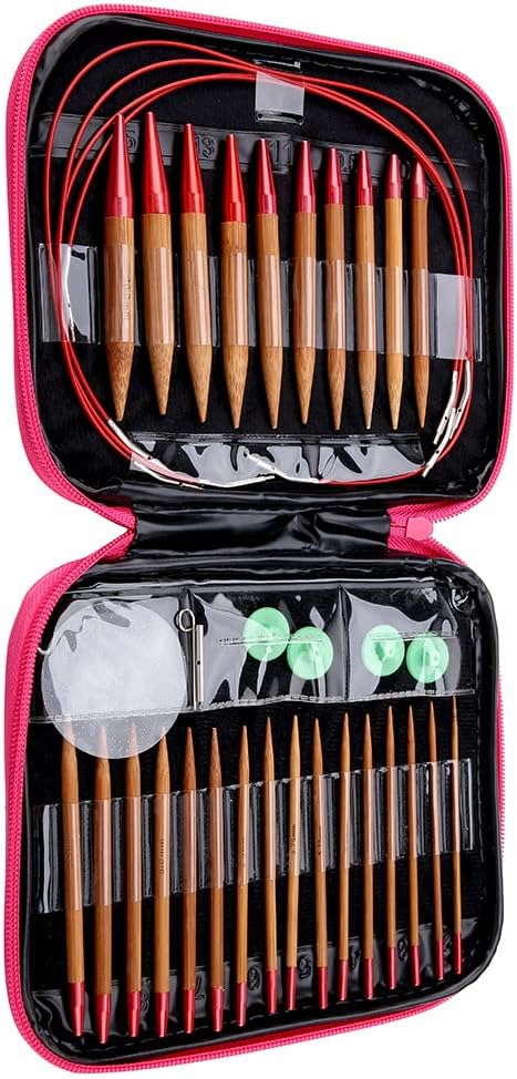 Fdit Interchangeable Carbonized Bamboo Knitting Needles, Aluminum Circular Needles Ring Set with Pouch