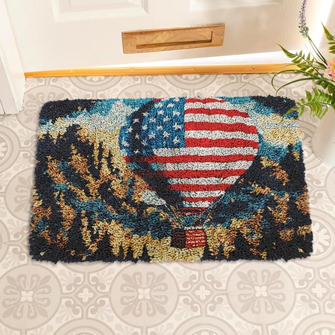 Latch Hook Kits for Kids DIY Rug Crochet Yarn Kits for Adults Tapestry Kits Home Decor Kits with America Flag Printed Needlework Doormat Creative Gift Home Decoration 20 X 15 Inch (Hot Air Balloon)