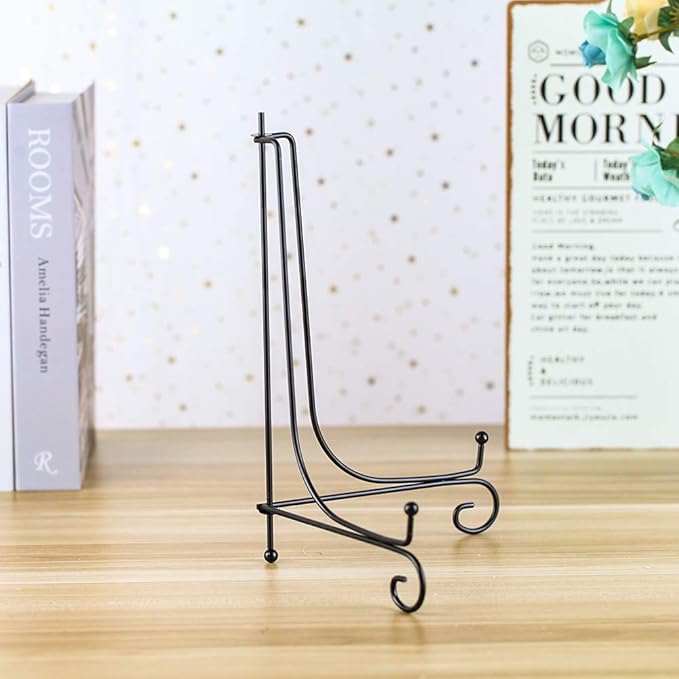 (2 Pack) Iron Display Stand, Black Iron Easel Plate Display Photo Holder Stand, Displays Picture Frames, Cookbooks, Decorative Plates, Tablets and Art 10 Inch