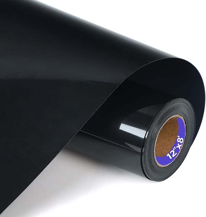 HTV Black Heat Transfer Vinyl Rolls 12 Inch by 8feet Roll Iron on DIY for T-Shirt Easy to Cut & Weed for Heat Vinyl Design Glossy (8Ft, Black)