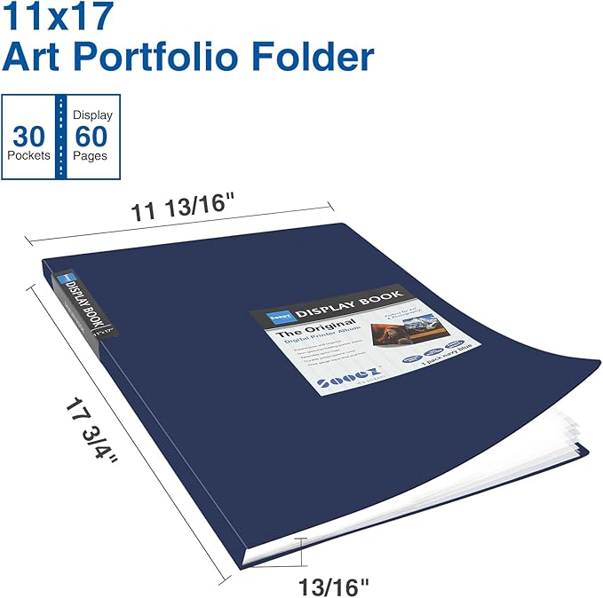 Sooez Art Portfolios 11"x17", Large Portfolio Folder with 30 Pockets & Black Inner Sheets, Display 60 Pages, 11 x 17 Presentation Book for Artwork Storage, Binder with Plastic Sleeves for Artist