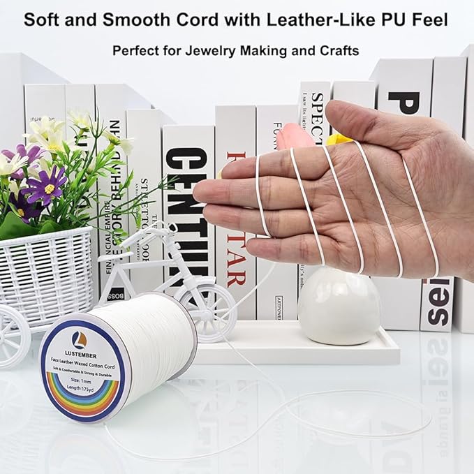 1mm Faux Leather Waxed Cotton Cord, 175 Yards – Durable Necklace String, Soft and Textured Cord for Necklaces, Bracelets, and Jewelry Making