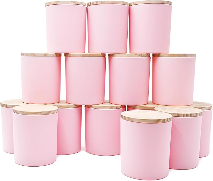 10 OZ Thick Candle Jars for Making Candles 15 Pcs, Empty Jars with Wood Lids for Candle Making, Sample Container, Matte Pink