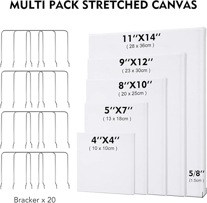 CONDA Stretched Canvas Painting, 20 Multi Pack 4x4, 5x7, 8x10, 9x12, 11x14 Inches (4 of Each) with 20 Pcs Display Brackets, Primed, 100% Cotton, Value Bulk Pack for Oil & Acrylic Painting