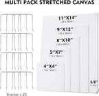 CONDA Stretched Canvas Painting, 20 Multi Pack 4x4, 5x7, 8x10, 9x12, 11x14 Inches (4 of Each) with 20 Pcs Display Brackets, Primed, 100% Cotton, Value Bulk Pack for Oil & Acrylic Painting