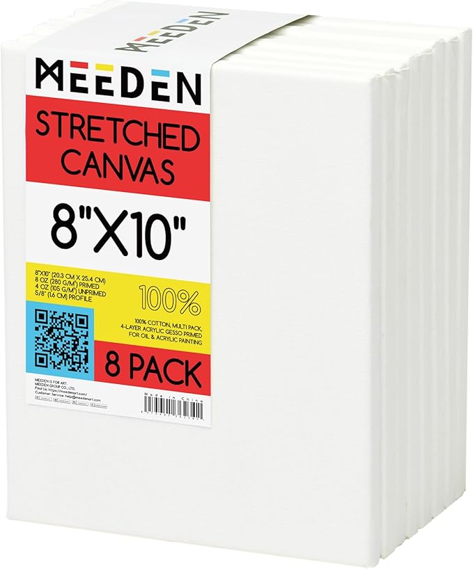 MEEDEN Stretched Canvas, 8 × 10 Inch, Pack of 8, Blank White Canvases for Painting, 100% Cotton, 9 oz Gesso-Primed, Pre-Stretched Canvas for Acrylic Oil Pouring & Airbrushing Painting