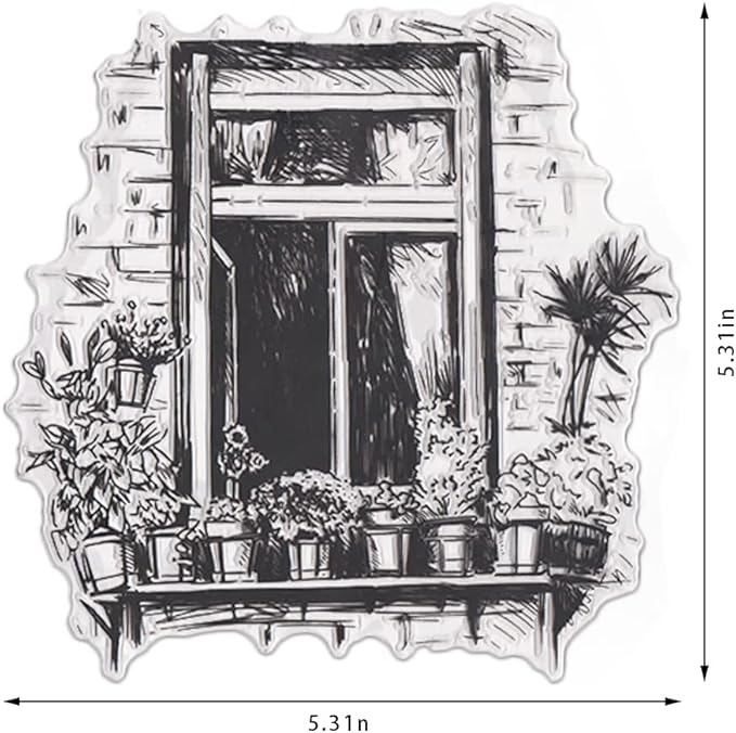 Spring Window Flowers Background Clear Stamps for Card Making and Journaling, Windowsill Floral Leaves Rubber Stamps Balcony Home Stamps for Scrapbooking DIY Cards Album Crafts Supplies