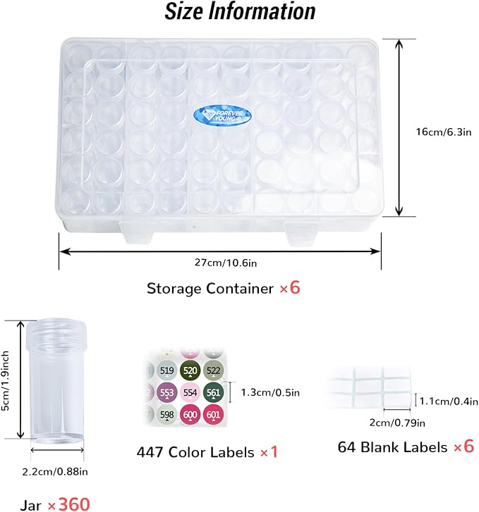 forever young Diamond Painting Storage Containers, 6 Pack 360 Grids Bead Organizer with Labels, Bead Organizers and Storage for Diamond Art Accessories and Tools Box
