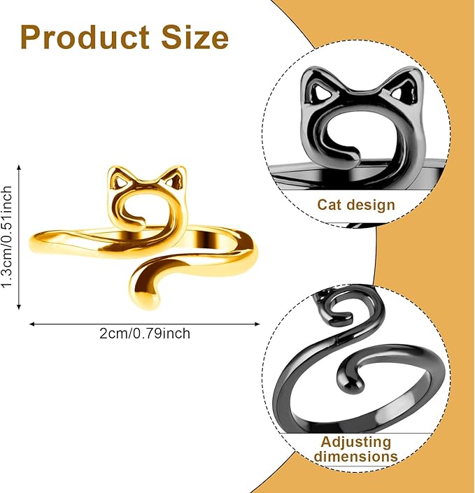 YUXIANLB 4pcs Adjustable Crochet Tension Ring for Finger, Cat Shape Metal Open Guide Tension Ring for Crocheting, Crochet Loop Rings Braided Faster Knitting Thimbles Supplies for Women (2Black, 2Gold)