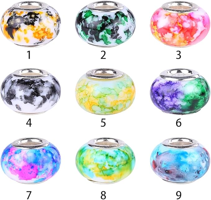 100 Pieces 14mm European Large Hole Spacer Beads Mix Color with Silver Brass Cores Assortments Charm Lampwork Beads Supplies for Necklace Bracelets Jewelry Making (Water Pattern)