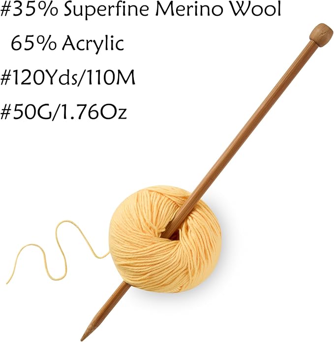 6 Balls Merino Wool Yarn, 12-Ply Luxurious and Soft Yarn for Hand Knitting & Crocheting, 1.76 OZ/50g, 120 yds/110 Meters(Yellow,6Balls)