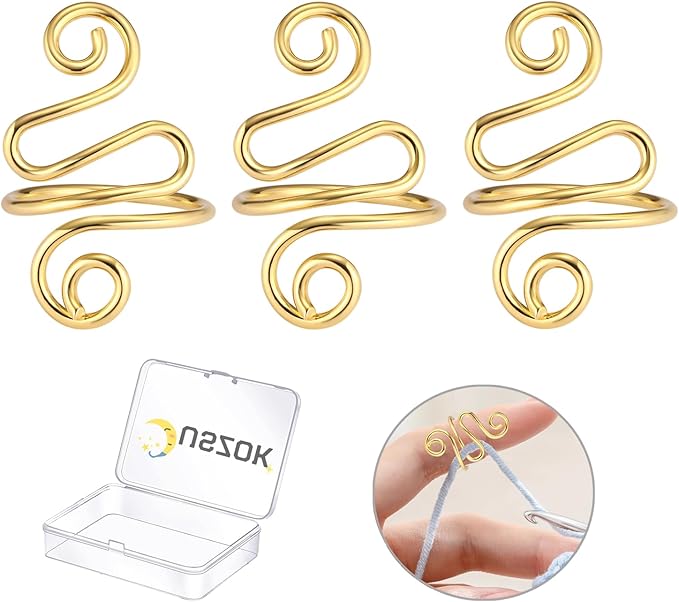 Juszok 3Pcs Handmade Crochet Tension Ring, Crochet Ring for Finger Crocheting，Yarn Tension Control Ring, Adjustable Companion Knitting Ring with Box for Crocheters Knitters Women (Gold)