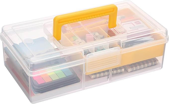 JUXYES Plastic Carry Storage Box with Removable Dividers, Clear Art Craft Supply Storage Bin Sewing Box With Handle Lid, 2 Layers Stationery Storage Case for School/Office Supplies