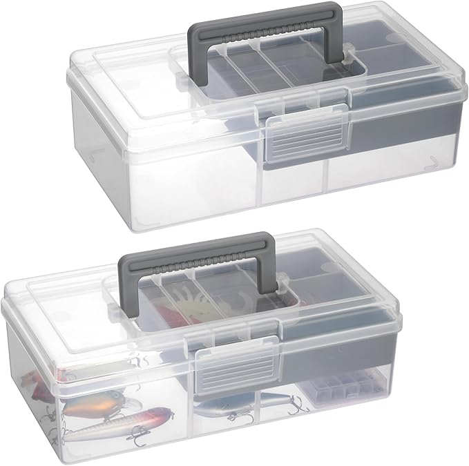 JUXYES 2 Pack Plastic Carry Storage Box with Removable Dividers, Clear Art Craft Supply Storage Bin Sewing Box with Handle Lid, 2 Layers Stationery Storage Case for School/Office Supplies Gray