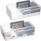 JUXYES 2 Pack Plastic Carry Storage Box with Removable Dividers, Clear Art Craft Supply Storage Bin Sewing Box with Handle Lid, 2 Layers Stationery Storage Case for School/Office Supplies Gray