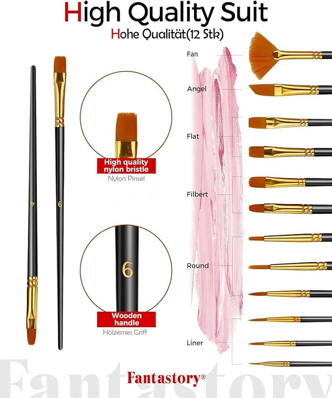 Fantastory Acrylic Paint Set 24 Classic Colors(2oz /60ml) with 12 Brushes, Professional Craft Thick Paints Kits for Adults, Canvas Wood Fabric Ceramic Rock Painting Supplies [Professional Series]